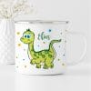 Auf dem Bild ist das Produkt: Campingbecher Emaille süßer Dino personalisiert mit Wunschnamen, Geschenk zum Geburtstag zum Preis von €18.90 abgebildet.