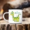 Auf dem Bild ist das Produkt: Campingbecher Emaille süßer Dino personalisiert mit Wunschnamen, Geschenk zum Geburtstag zum Preis von €18.90 abgebildet.