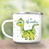 Auf dem Bild ist das Produkt: Campingbecher Emaille süßer Dino personalisiert mit Wunschnamen, Geschenk zum Geburtstag zum Preis von €18.90 abgebildet.