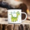 Auf dem Bild ist das Produkt: Campingbecher Emaille süßer Dino personalisiert mit Wunschnamen, Geschenk zum Geburtstag zum Preis von €18.90 abgebildet.