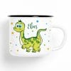 Auf dem Bild ist das Produkt: Campingbecher Emaille süßer Dino personalisiert mit Wunschnamen, Geschenk zum Geburtstag zum Preis von €18.90 abgebildet.