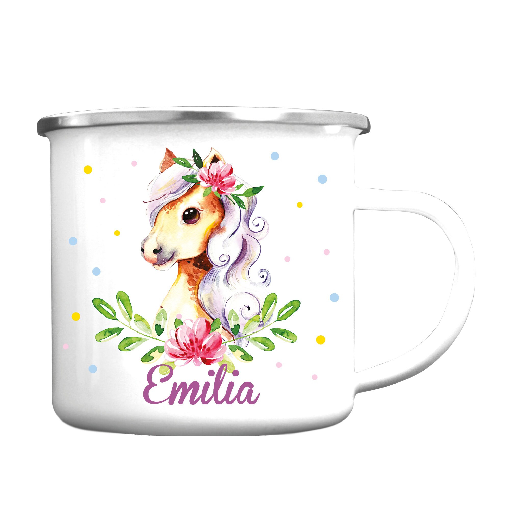 Campingbecher Emaille Tasse Pferd personalisiert Wunschname Geschenk 300 ml weiß