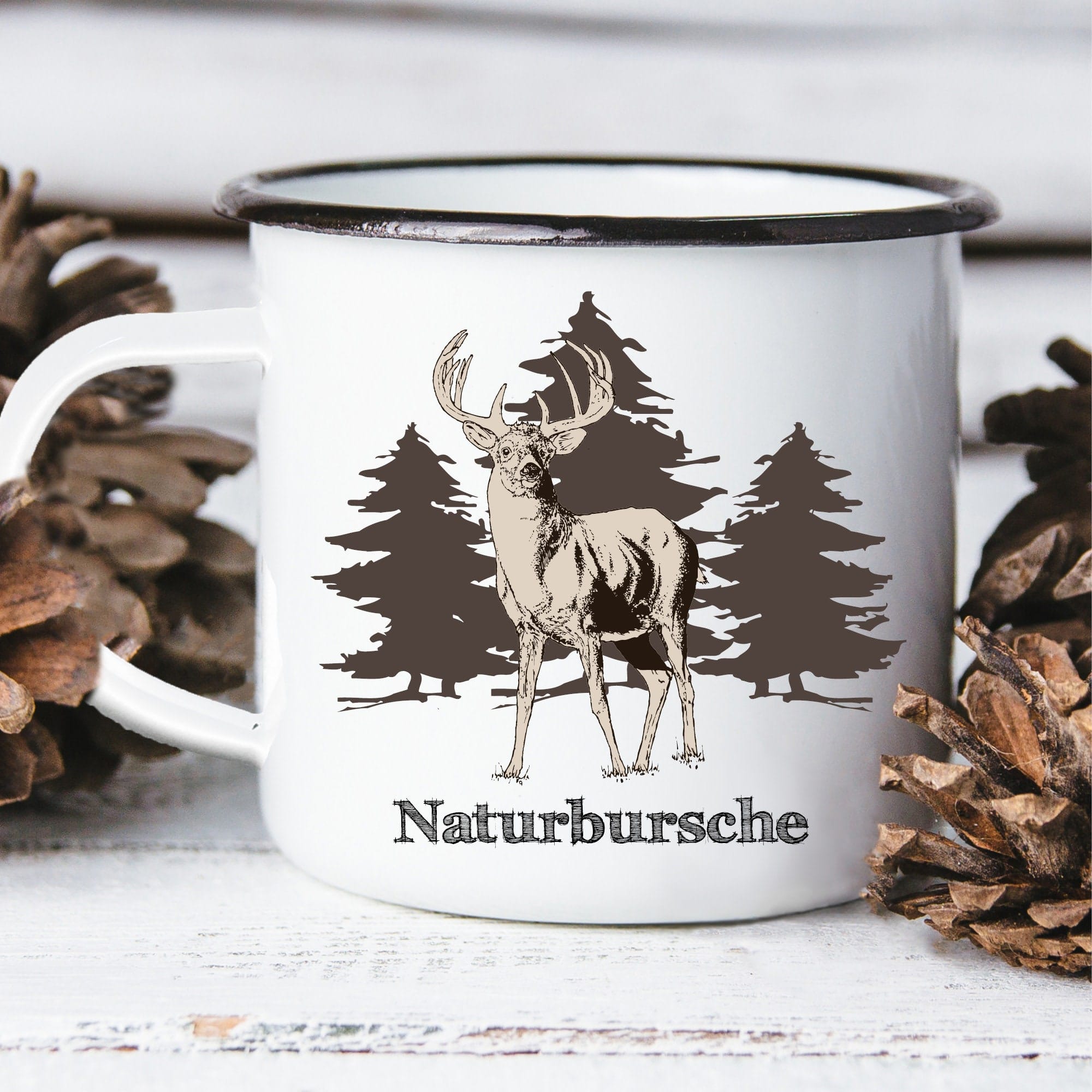 Campingbecher Naturbursche Hirsch Wald Geschenk für Camper Reisebecher Emaille Tasse