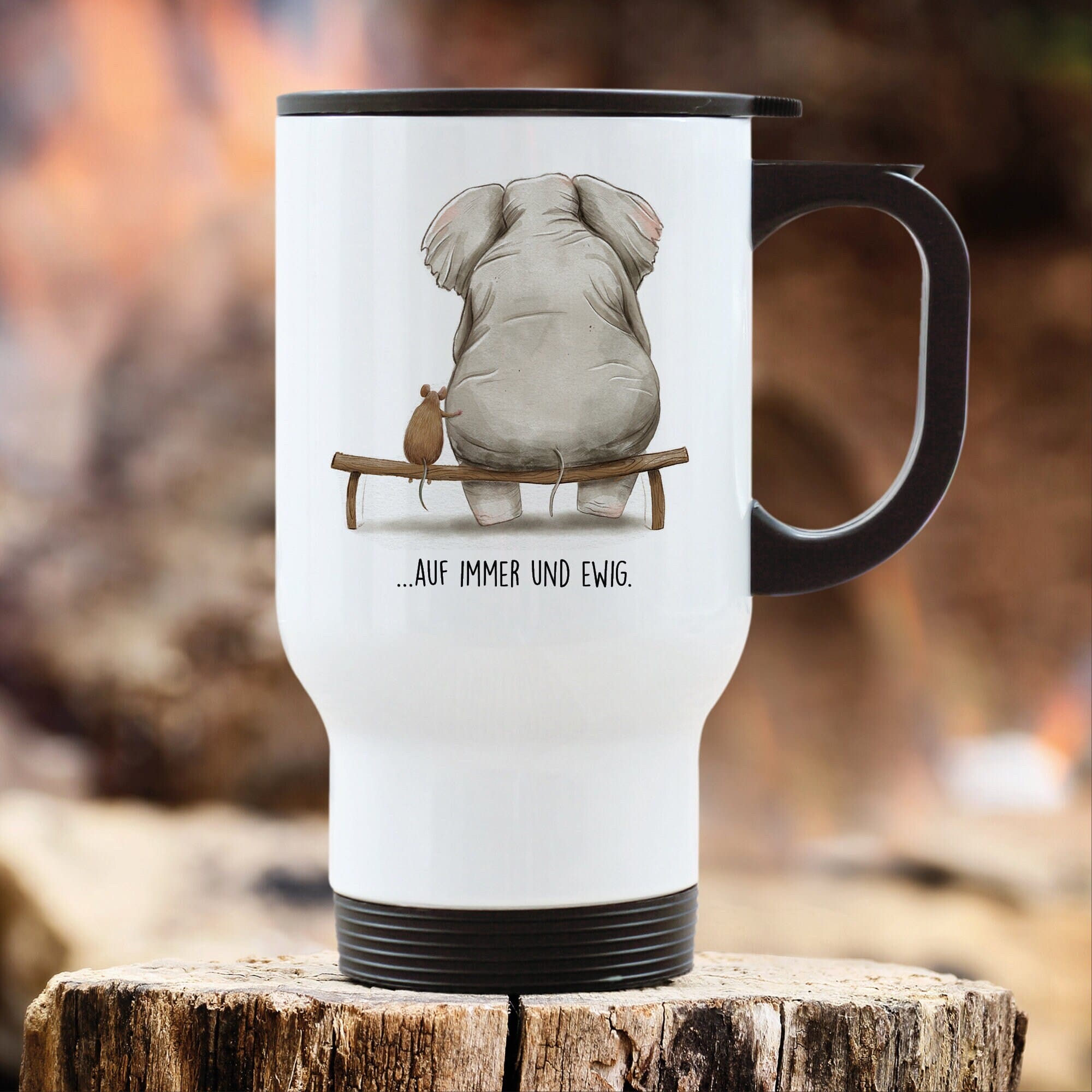 Edelstahl Thermobecher Auf immer und ewig mit Maus und Elefant Geschenk Geburtstag Kaffeetasse 390 ml mit Griff