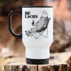 Auf dem Bild ist das Produkt: Edelstahl Thermobecher To Go bedruckt Lachs Angelstuhl Relachs schwarz weiß 330 ml mit Griff zum Preis von €21.9 abgebildet.