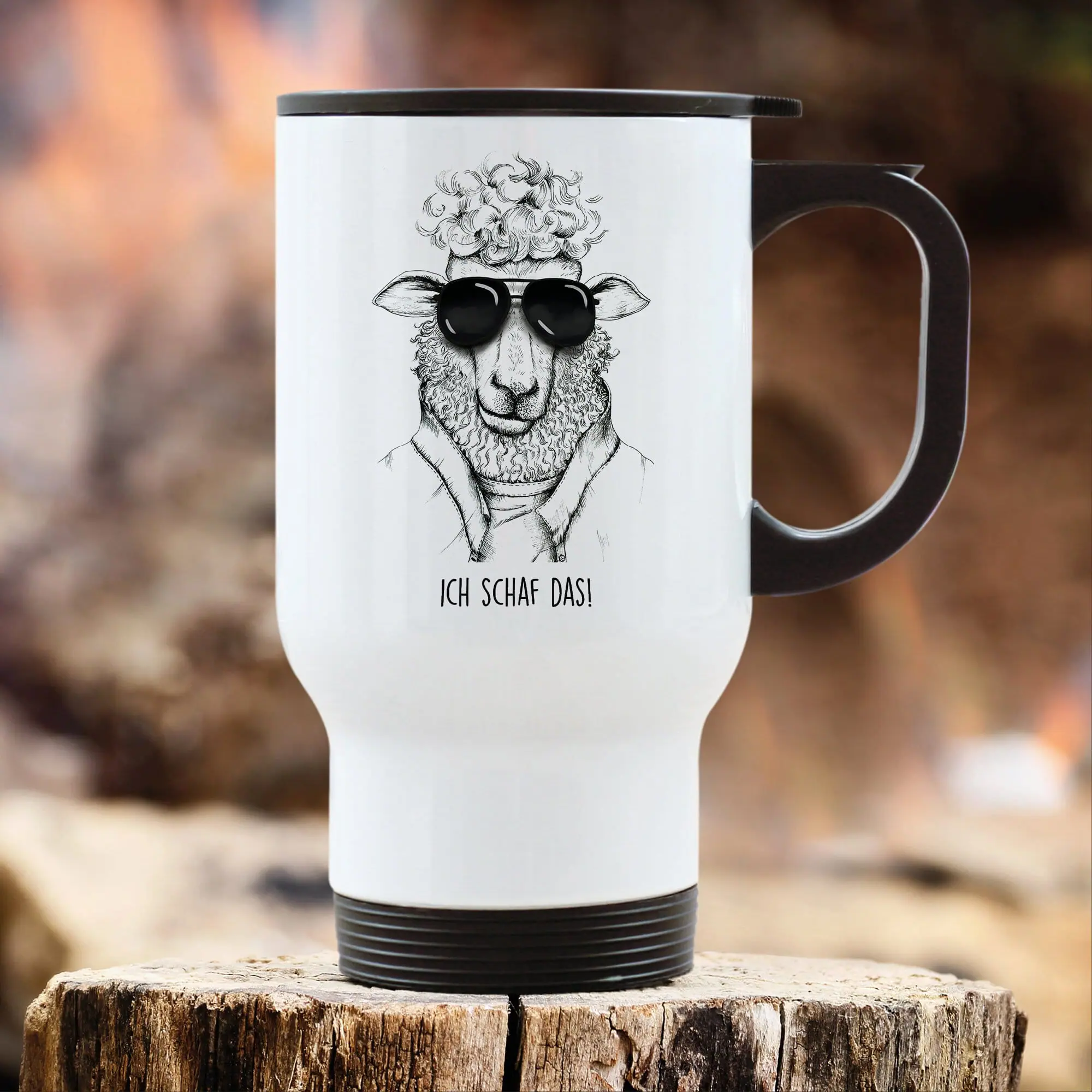 Auf dem Bild ist das Produkt: Edelstahl Thermobecher To Go Schaf Ich schaf das Geschenk Kaffeebecher 390 ml mit Griff zum Preis von €21.9 abgebildet.