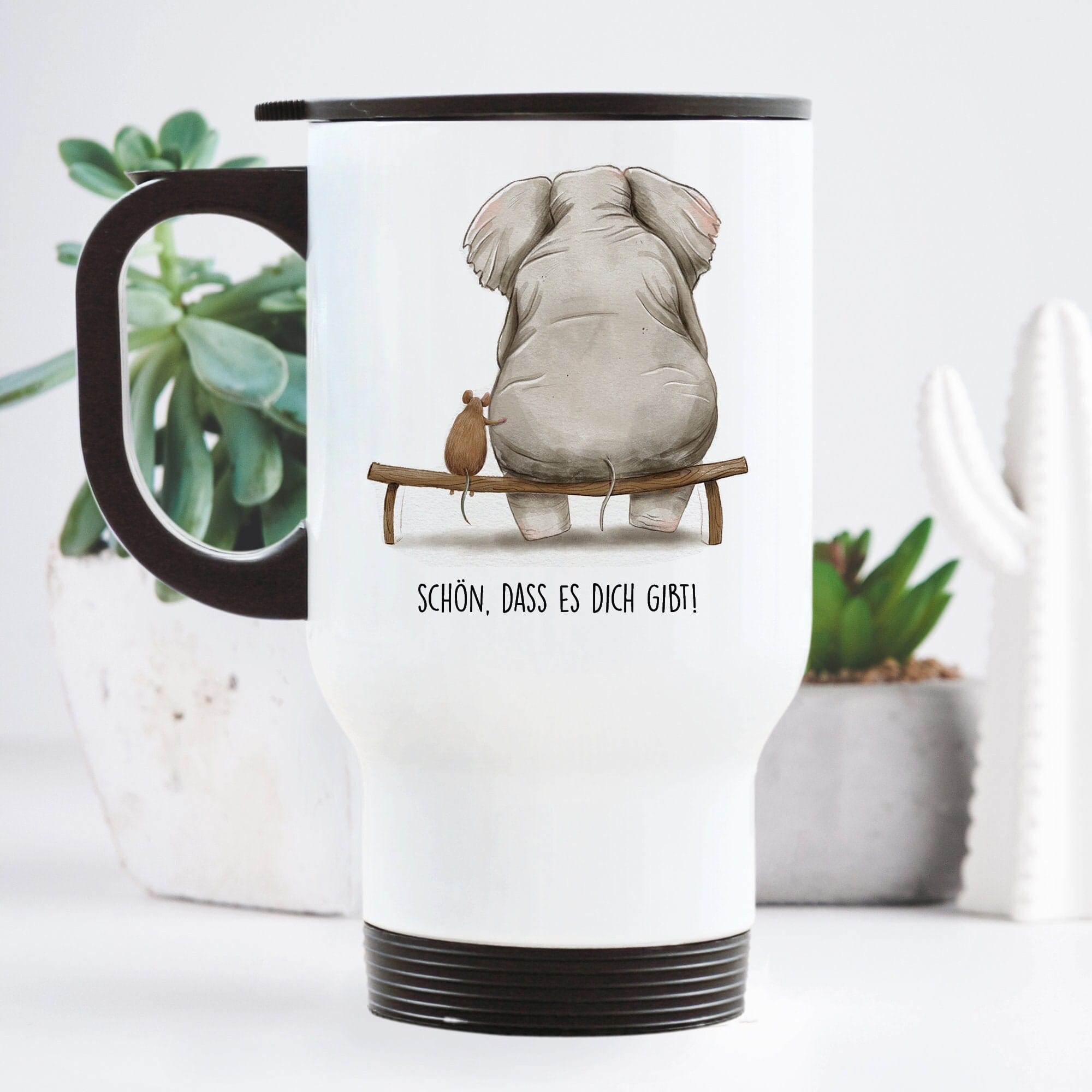 Edelstahl Thermobecher To Go Schön dass es dich gibt Maus und Elefant Geschenk Geburtstag Kaffeebecher 390ml mit Griff