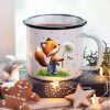 Auf dem Bild ist das Produkt: Emaille Campingbecher Fuchs mit Pusteblume Kaffeebecher personalisiert mit Wunschnamen, Geburtstagsgeschenk zum Preis von €17.90 abgebildet.