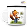 Auf dem Bild ist das Produkt: Emaille Campingbecher Fuchs mit Pusteblume Kaffeebecher personalisiert mit Wunschnamen, Geburtstagsgeschenk zum Preis von €17.90 abgebildet.