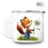 Auf dem Bild ist das Produkt: Emaille Campingbecher Fuchs mit Pusteblume Kaffeebecher personalisiert mit Wunschnamen, Geburtstagsgeschenk zum Preis von €17.90 abgebildet.