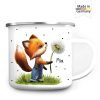 Auf dem Bild ist das Produkt: Emaille Campingbecher Fuchs mit Pusteblume Kaffeebecher personalisiert mit Wunschnamen, Geburtstagsgeschenk zum Preis von €17.90 abgebildet.