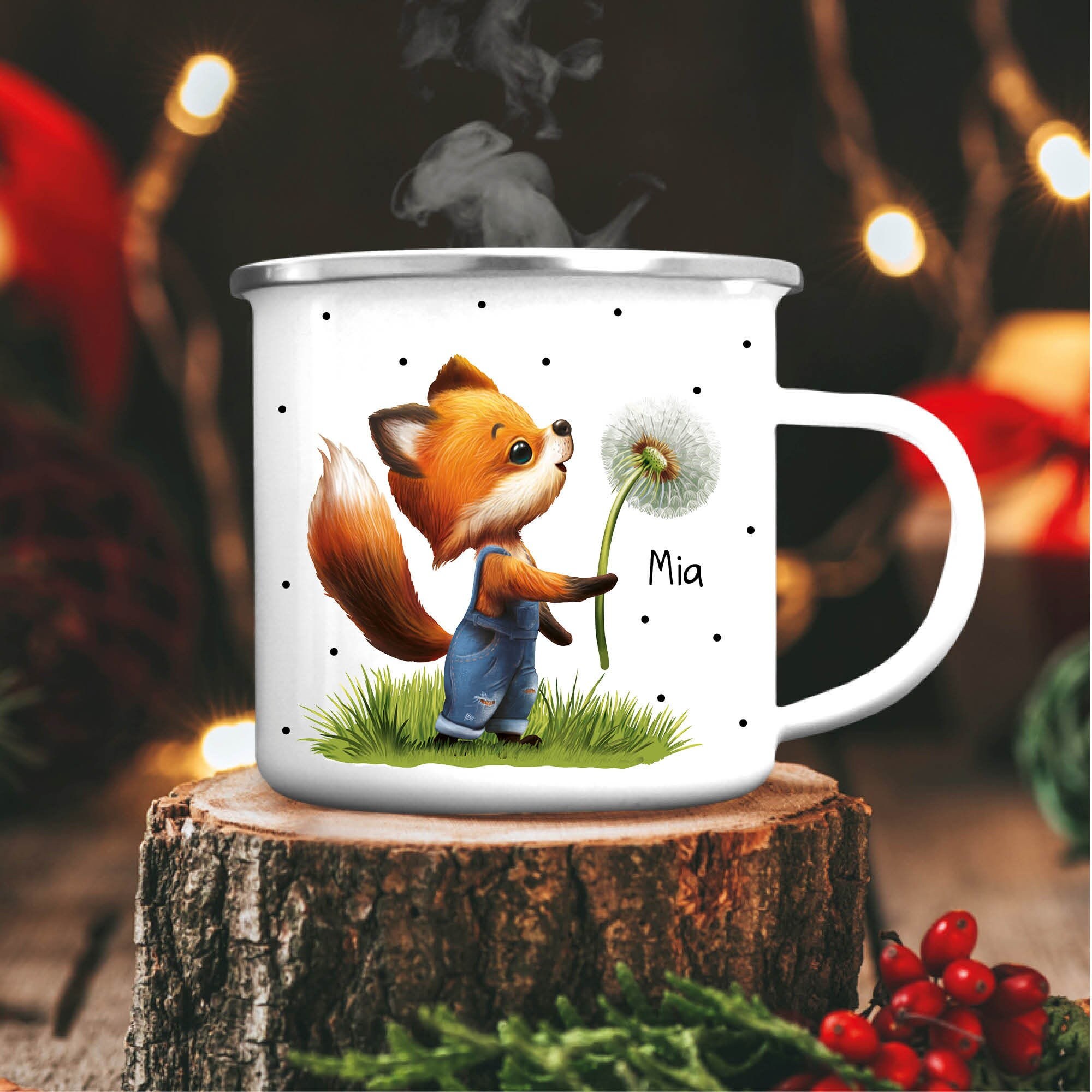 Emaille Campingbecher Fuchs mit Pusteblume Kaffeebecher personalisiert mit Wunschnamen, Geburtstagsgeschenk