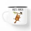 Auf dem Bild ist das Produkt: Emaille Campingbecher Katze halte durch Geburtstagsgeschenk Motivation zum Preis von €18.9 abgebildet.