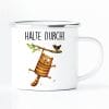 Auf dem Bild ist das Produkt: Emaille Campingbecher Katze halte durch Geburtstagsgeschenk Motivation zum Preis von €18.9 abgebildet.