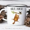 Auf dem Bild ist das Produkt: Emaille Campingbecher Katze halte durch Geburtstagsgeschenk Motivation zum Preis von €18.9 abgebildet.