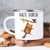 Auf dem Bild ist das Produkt: Emaille Campingbecher Katze halte durch Geburtstagsgeschenk Motivation zum Preis von €18.9 abgebildet.