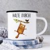 Auf dem Bild ist das Produkt: Emaille Campingbecher Katze halte durch Geburtstagsgeschenk Motivation zum Preis von €18.9 abgebildet.