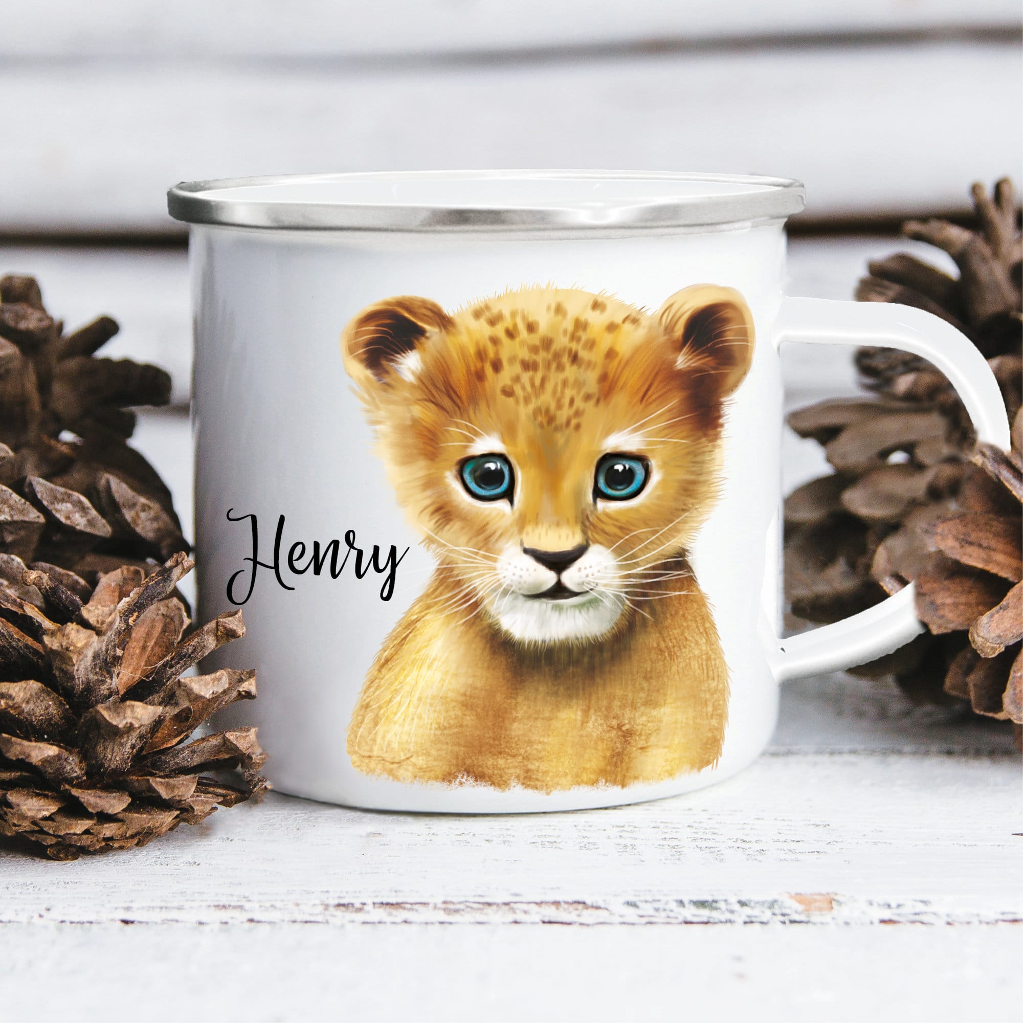 Emaille Campingbecher Kindertasse Löwe Lion Löwenkind personalisiert mit Wunschnamen Geschenk Geburtstag