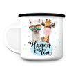 Auf dem Bild ist das Produkt: Emaille Campingbecher Lama und Giraffe personalisiert mit Wunschname Outdoorgeschirr Geschenk Geburtstag zum Preis von €18.9 abgebildet.