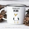Auf dem Bild ist das Produkt: Emaille Campingbecher Möwe freundliches Moin maritimes Geburtstagsgeschenk zum Preis von €18.9 abgebildet.