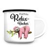 Auf dem Bild ist das Produkt: Emaille Campingbecher Relax Becher mit Wunschnamen Geschenk Geburtstag Faultier im rosa Pyjama zum Preis von €18.9 abgebildet.