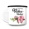 Auf dem Bild ist das Produkt: Emaille Campingbecher Relax Becher mit Wunschnamen Geschenk Geburtstag Faultier im rosa Pyjama zum Preis von €18.9 abgebildet.