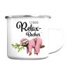 Auf dem Bild ist das Produkt: Emaille Campingbecher Relax Becher mit Wunschnamen Geschenk Geburtstag Faultier im rosa Pyjama zum Preis von €18.9 abgebildet.