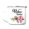 Auf dem Bild ist das Produkt: Emaille Campingbecher Relax Becher mit Wunschnamen Geschenk Geburtstag Faultier im rosa Pyjama zum Preis von €18.9 abgebildet.