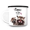 Auf dem Bild ist das Produkt: Emaille Campingbecher Waschbär Omas machen die Welt besser Kaffeetasse Geschenk Muttertag Großmutter, Weihnachtsgeschenk zum Preis von €17.9 abgebildet.