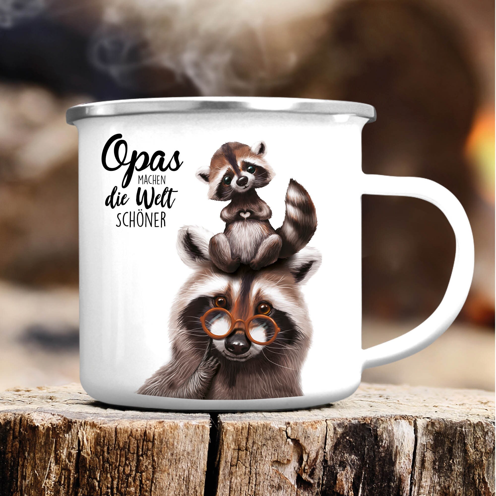 Emaille Campingbecher Waschbär Opas machen die Welt schöner Kaffeetasse Geschenk Vatertag Großvater, Weihnachtsgeschenk