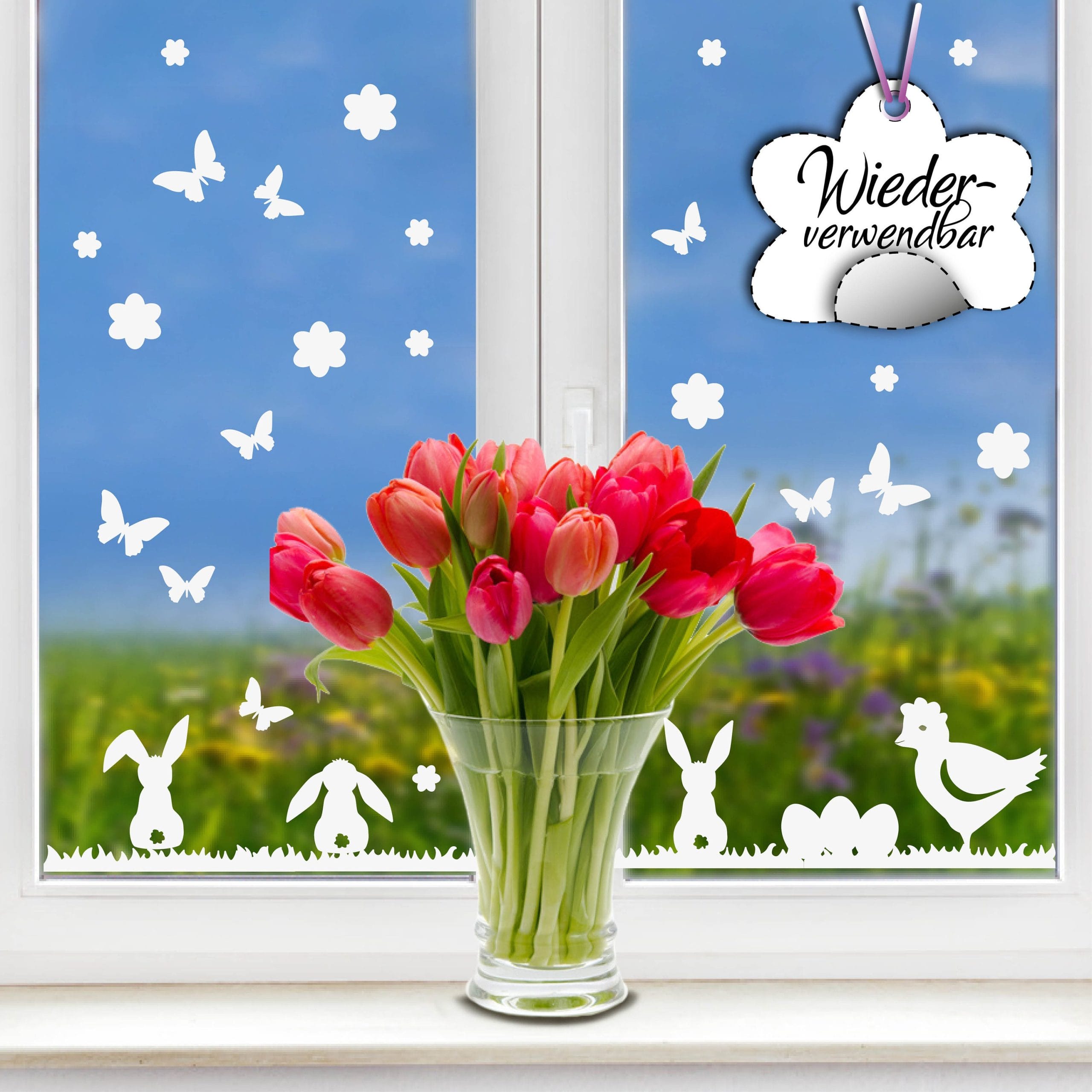Fensteraufkleber Fensterdekoration Frühling Schmetterlinge Blumen Hasen, wiederverwendbar, weiß 40 Stück im Set, Frühlingsdeko, Osterdeko