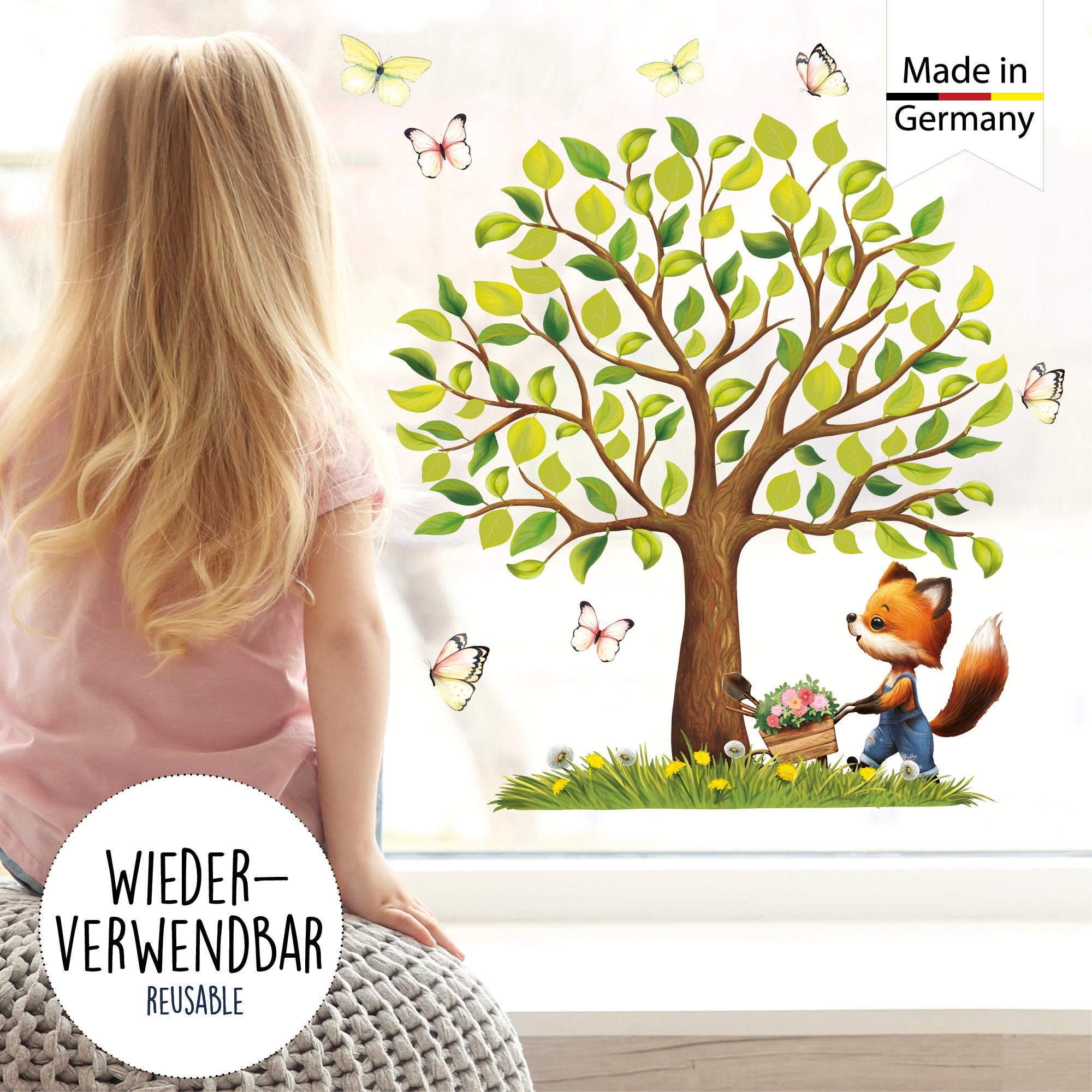 Fensterbild Frühling Ostern Baum Fuchs Schmetterlinge Schubkarre Fensterdeko Kinderzimmer Kind