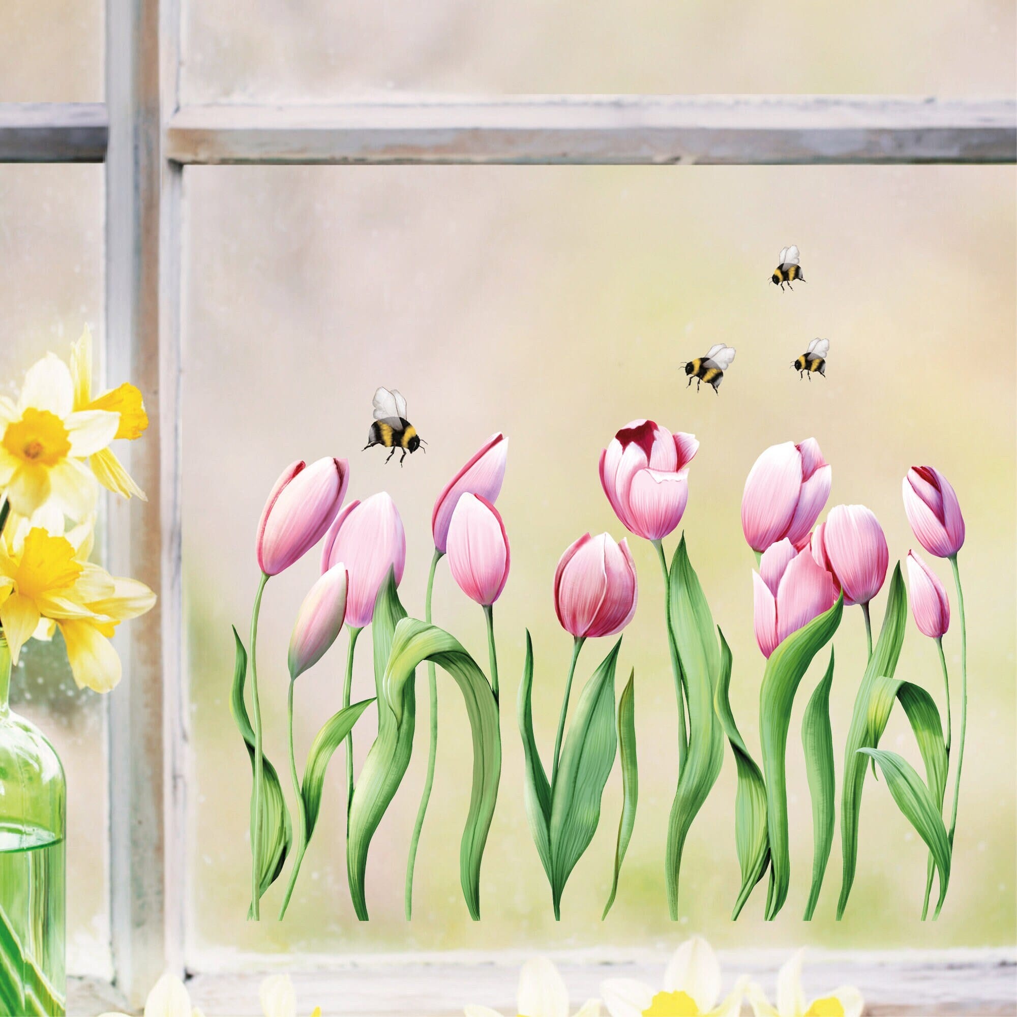 Fensterbild Frühling Ostern Blumenwiese roséfarbene Tuplen,  Fensterdeko