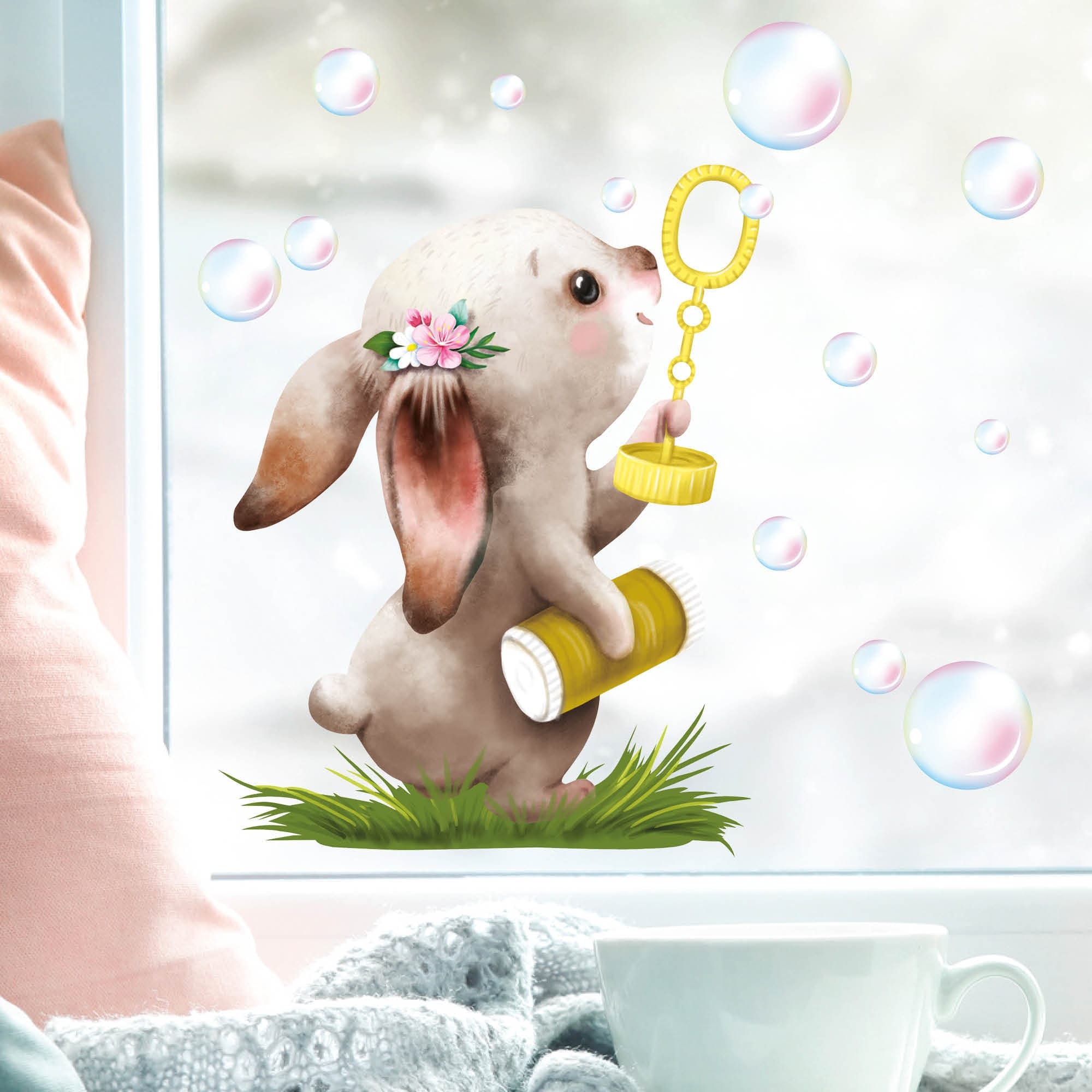 Fensterbild Frühling Ostern Hase Seifenblasen Fensterdeko Kinder, Frühlingsdeko, Osterdeko Kinderzimmer