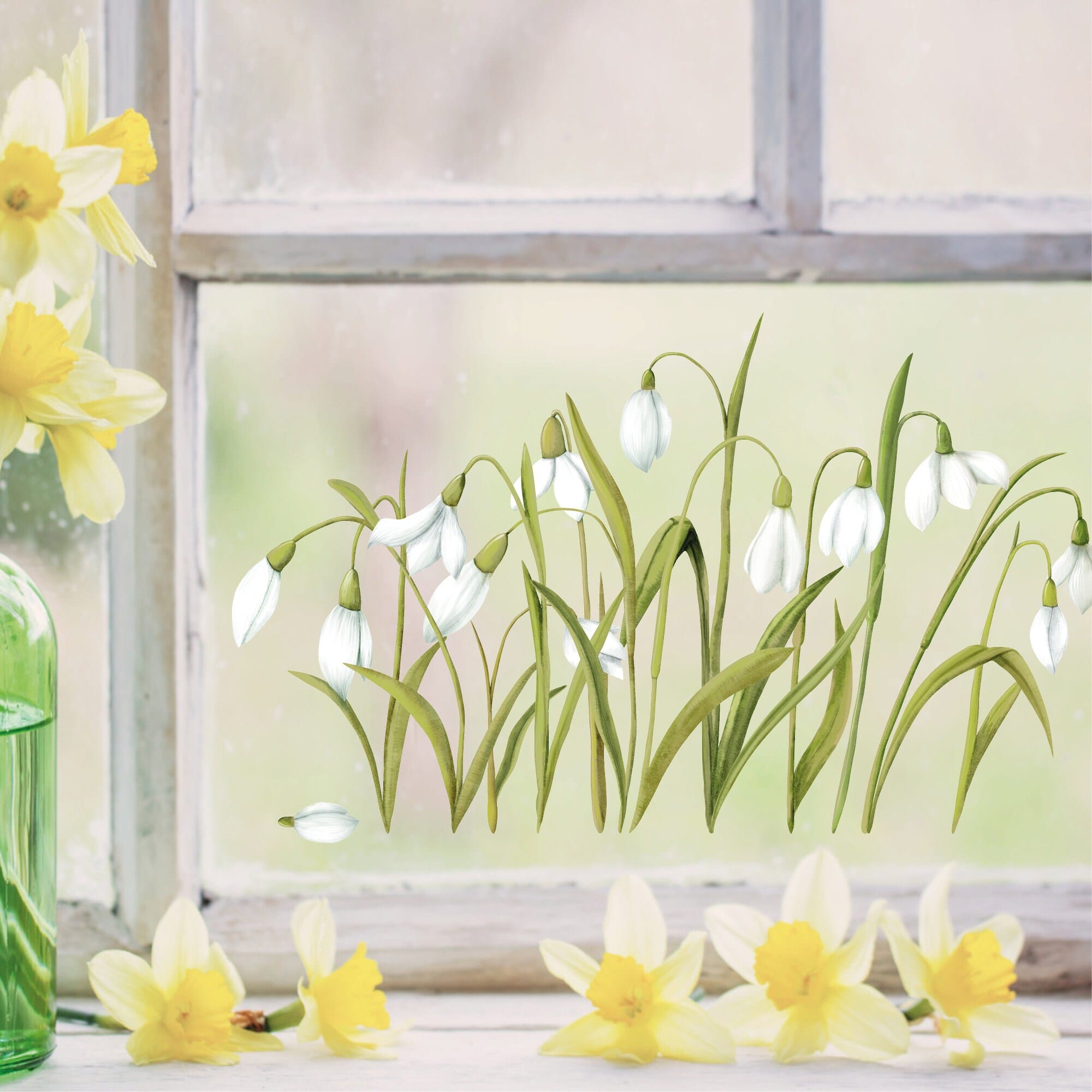 Fensterbild Frühling Ostern Schneeglöckchen Blumenwiese Fensterdeko wiederverwendbar