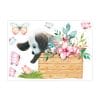 Auf dem Bild ist das Produkt: Fensterbild Frühling Ostern Welpe Hund in Kiste mit Blumen Schmetterlingen Fensterdeko Kinderzimmer Kind, Osterdeko, Frühlingsdeko zum Preis von €13.90 abgebildet.