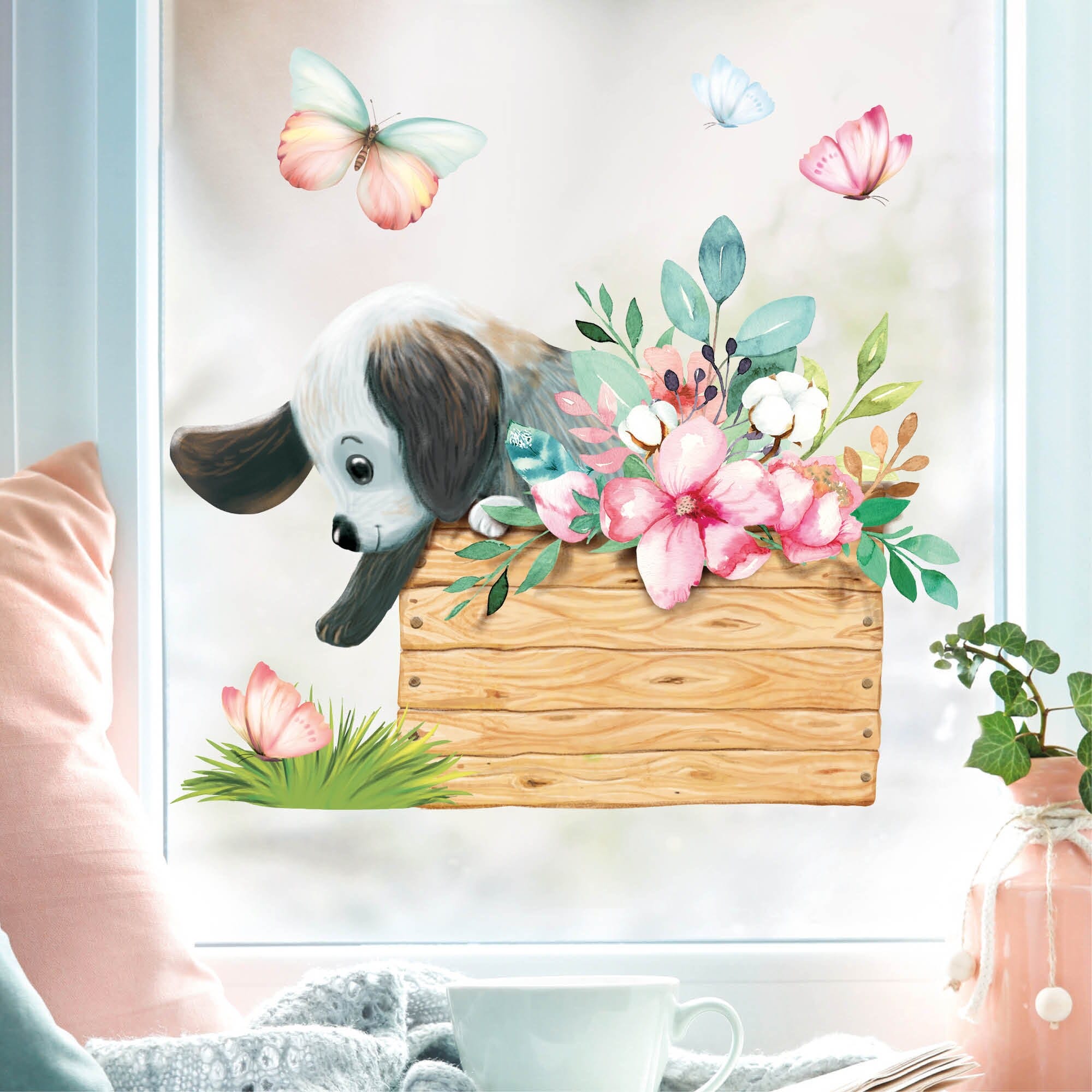 Fensterbild Frühling Ostern Welpe Hund in Kiste mit Blumen Schmetterlingen Fensterdeko Kinderzimmer Kind, Osterdeko, Frühlingsdeko