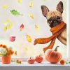 Auf dem Bild ist das Produkt: Fensterbild Bulldogge reinschauender Hund mit Schal bunte Blätter Herbst herbstlicher Fensteraufkleber Fensterdeko zum Preis von €13.90 abgebildet.