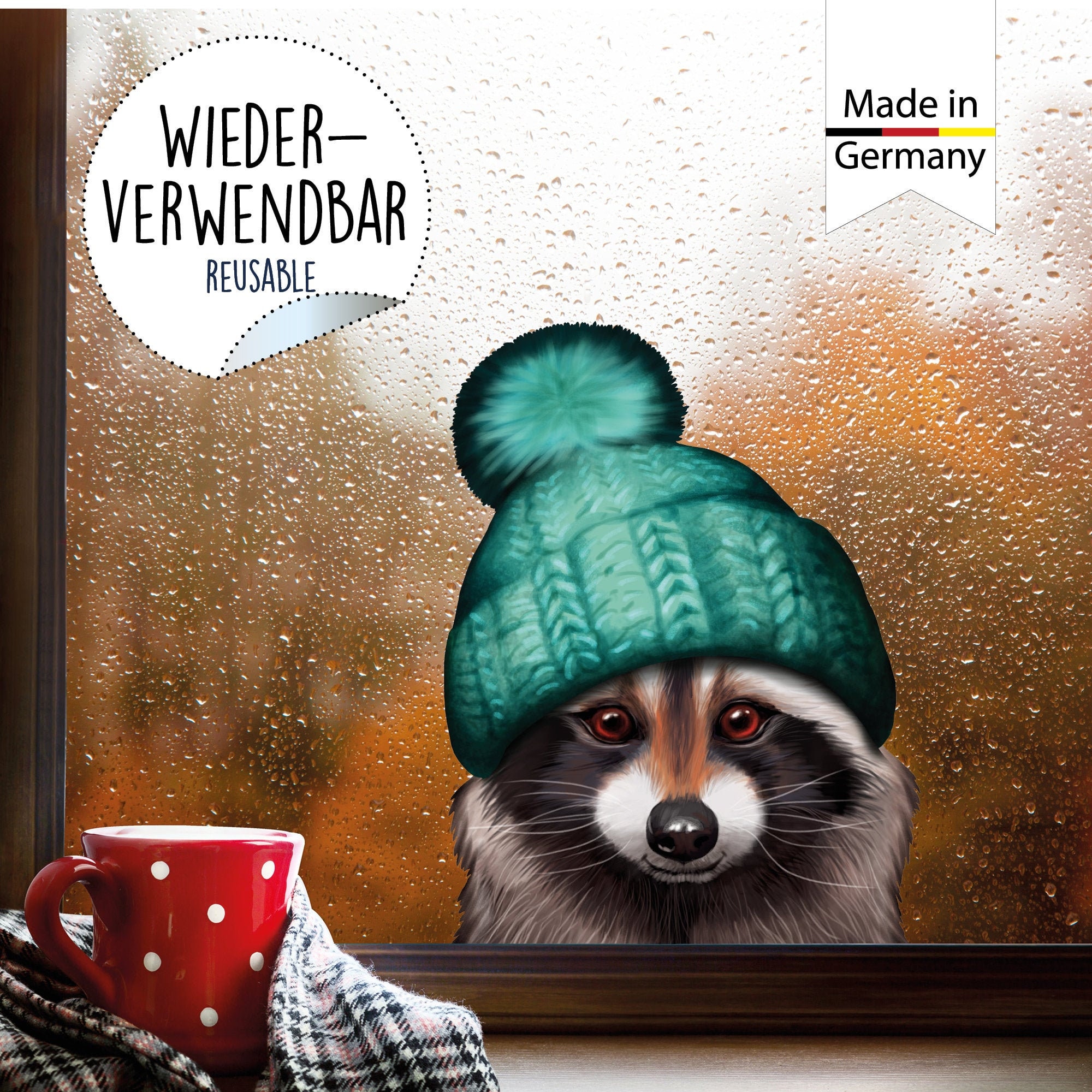 Fensterbild Tierköpfe mit Mütze Winter winterlicher herbstlicher Fensteraufkleber Fensterdeko wiederverwendbar