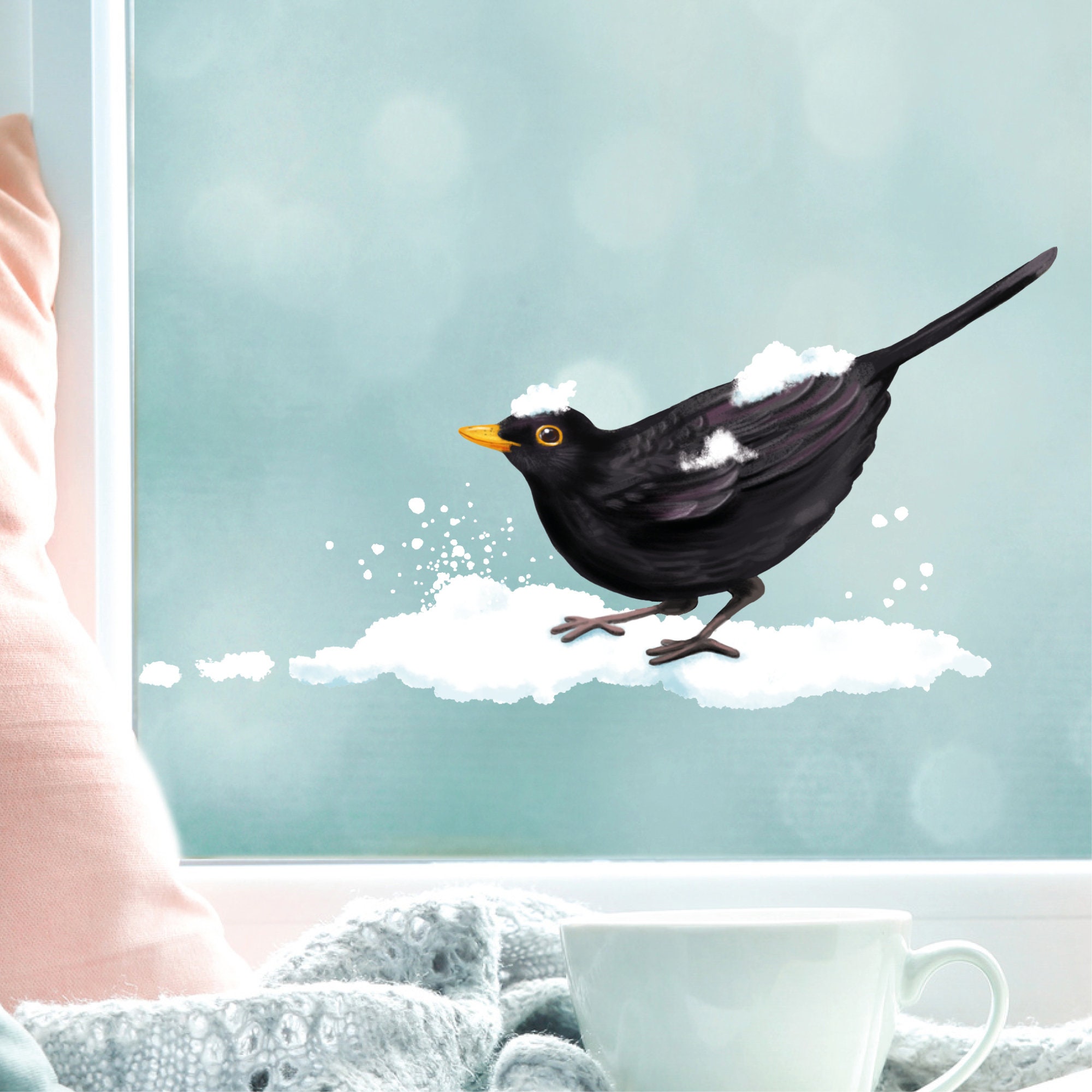 Fensterbild Weihnachten Winter Amsel mit Schnee Fensterdeko winterliche Fensterdekoration wiederverwendbar
