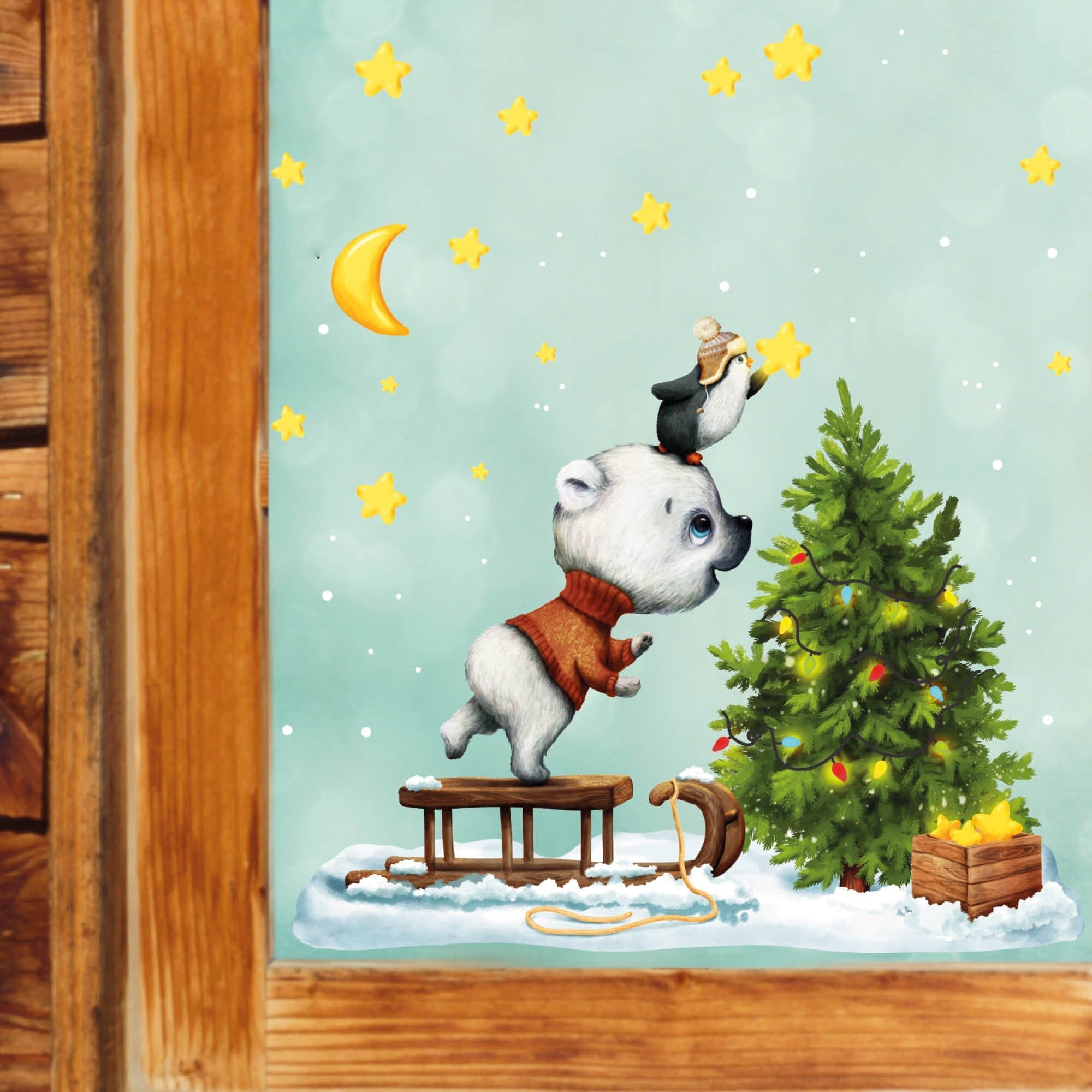 Fensterbild Weihnachten Winter Bär und Pinguin mit Sternen Fensteraufkleber Fensterdeko wiederverwendbar