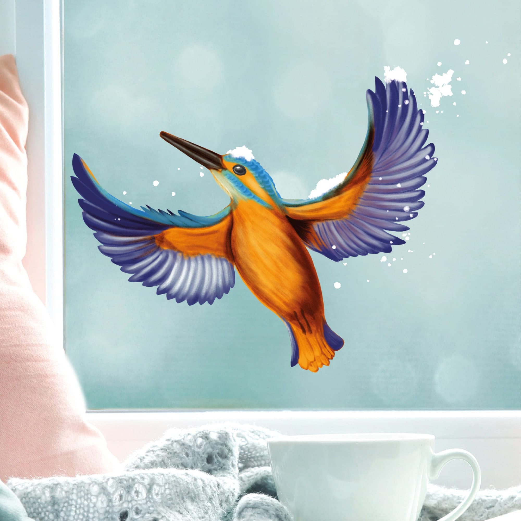 Fensterbild Weihnachten Winter Eisvogel Schnee Fensterdeko winterliche Fensterdekoration wiederverwendbar