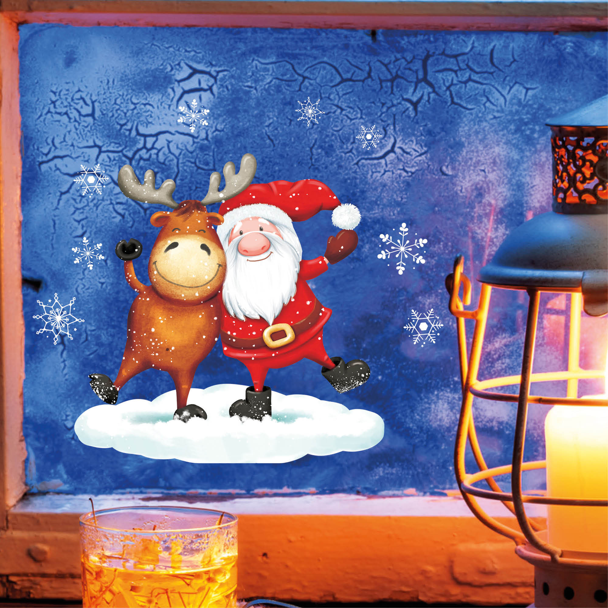 Fensterbild Weihnachten Winter Elch mit Weihnachtsmann und Schneeflocken Fensteraufkleber