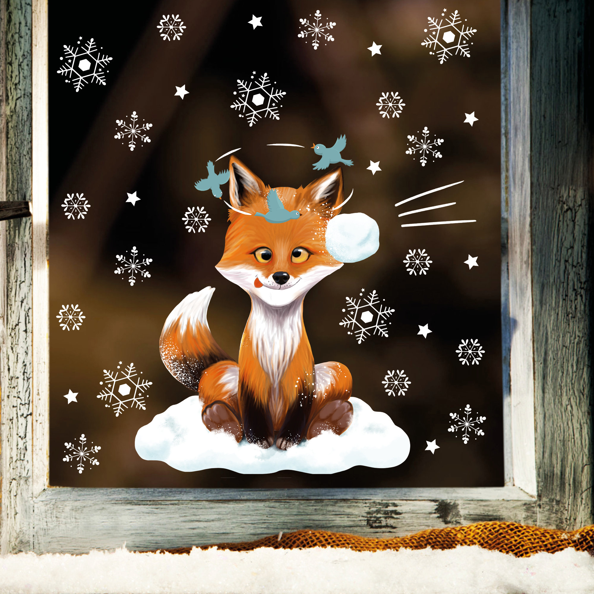Fensterbild Weihnachten Winter Fuchs Schneeball Schneeflocken Fensterdeko winterliche Fensterdeko