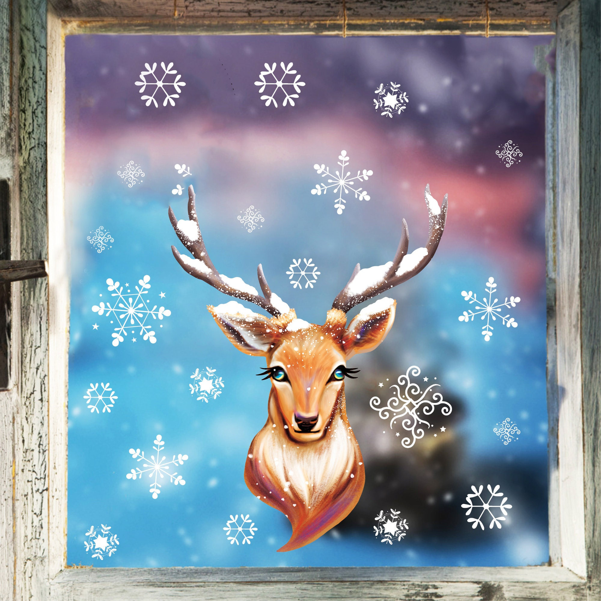 Fensterbild Weihnachten Winter Hirsch mit Schneeflocken winterliche Fensterdeko wiederverwendbar