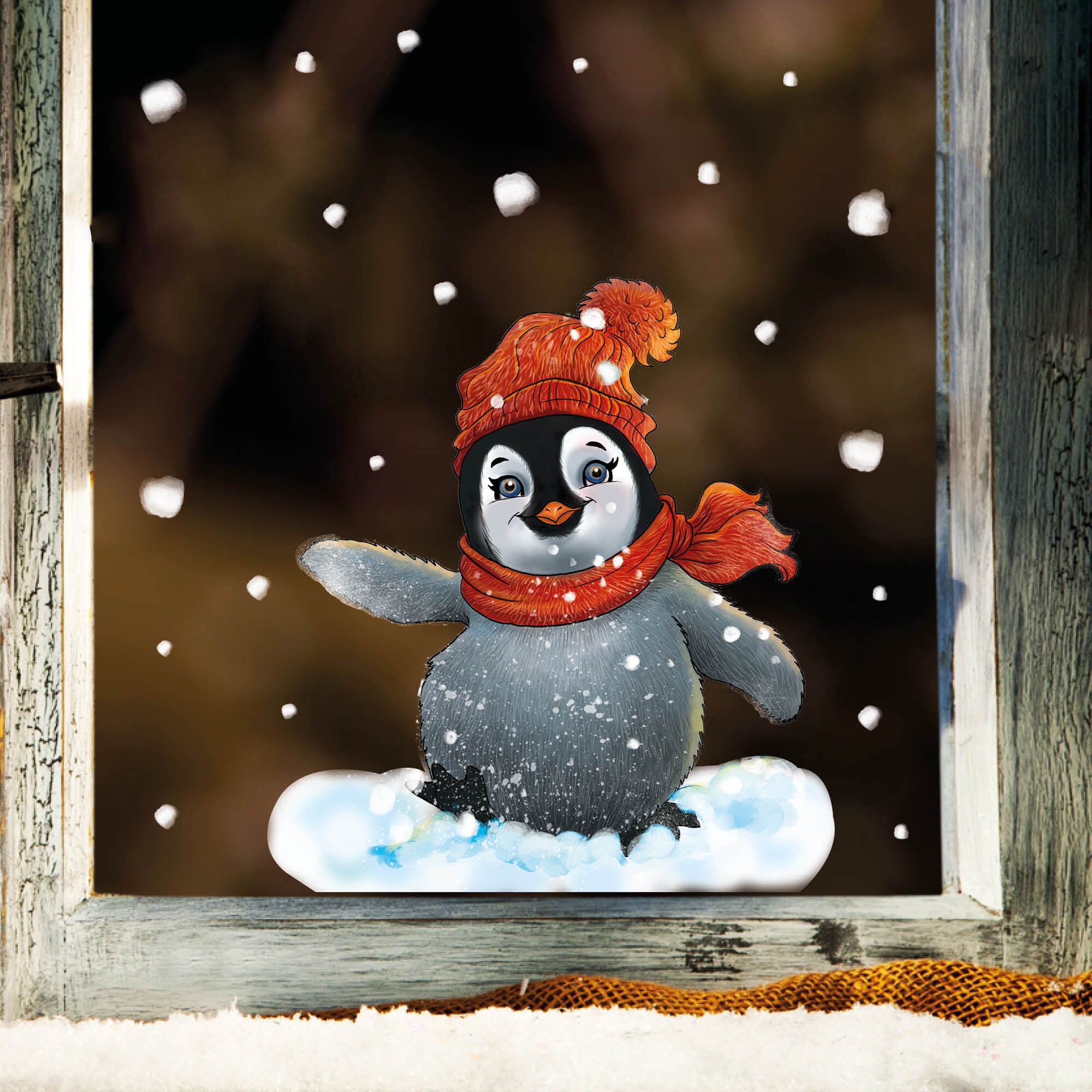 Fensterbild Weihnachten Winter Pinguin mit Schneeflocken Pudelmütze und Schal wiederverwendbar
