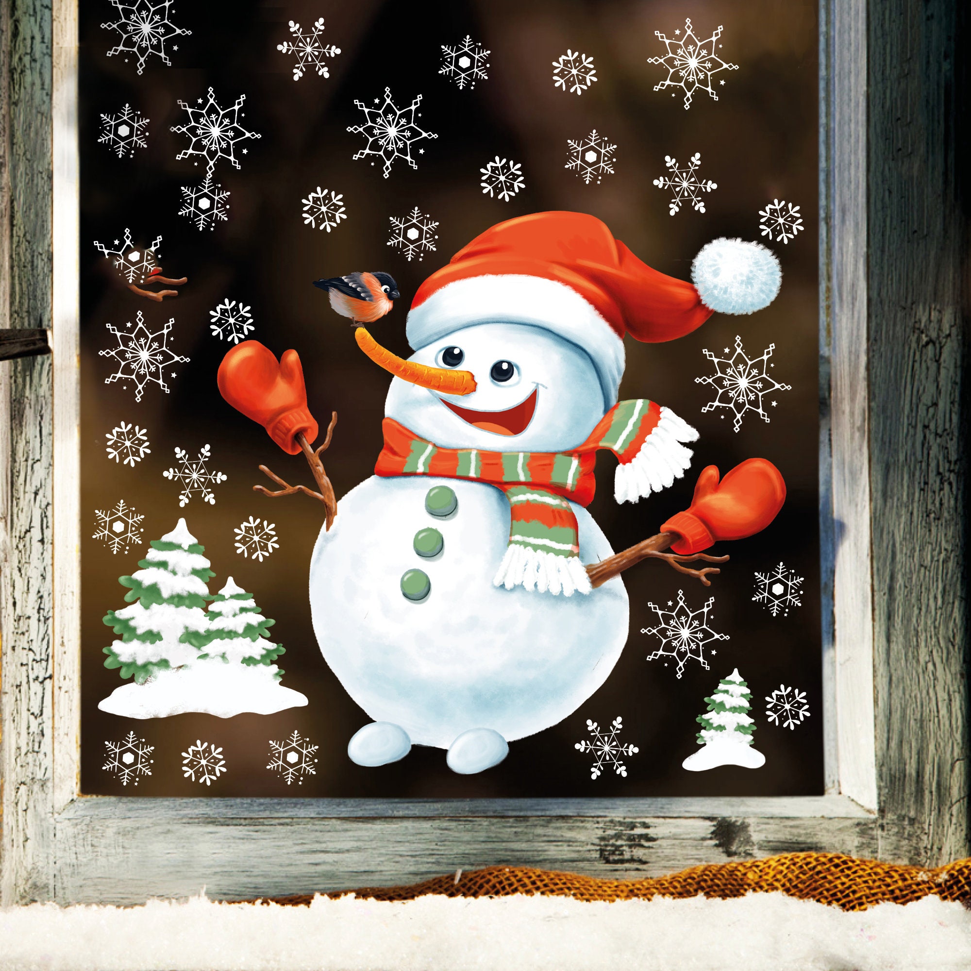 Fensterbild Weihnachten Winter Schneemann mit Schneeflocken Fensterdeko wiederverwendbar