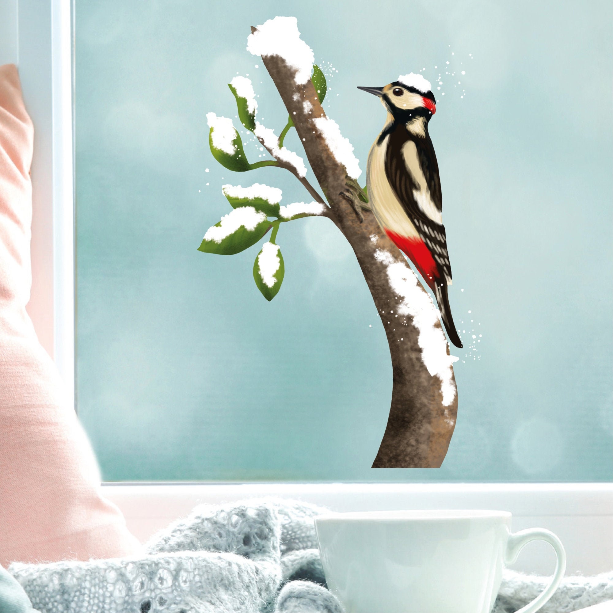 Fensterbild Weihnachten Winter wiederverwendbar Specht Ast Schnee Fensterdeko Vogel winterliche Fensterdeko