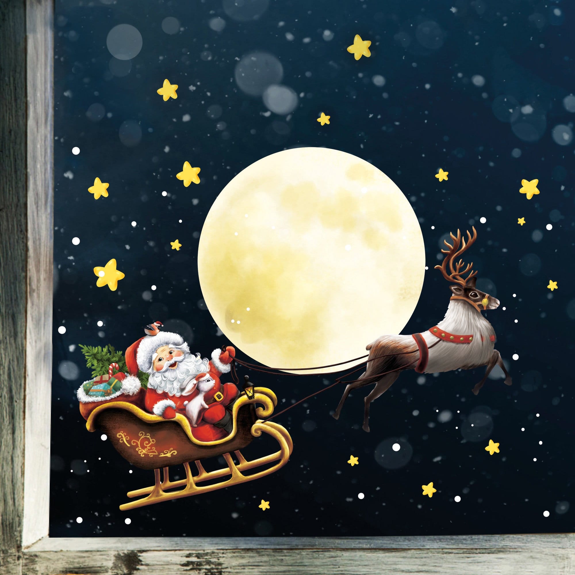 Fensterbild Weihnachten Winter Weihnachtsmann Schlitten Elch Rentier Fensterdeko Kinder wiederverwendbar
