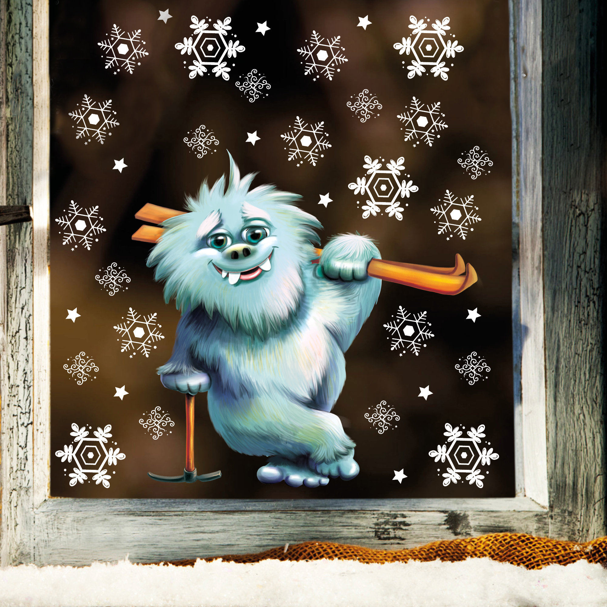 Fensterbild Weihnachten Winter Yeti Skier mit Schneeflocken Fensterdeko winterliche Fensterdeko Schneeflocken